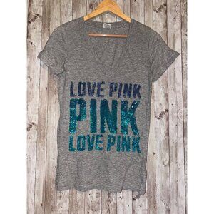Victoria's Secret Pink Love Pink Gray V-Neck Tee With Blue Sequin Glitter Medium